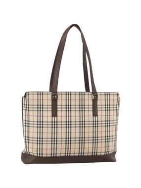 BURBERRY Nova Check Tote Bag Canvas Beige Silver